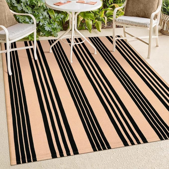 LEEVAN 4'X6' Black and Tan Striped Woven Cotton Reversible Outdoor Rug | Machine Washable Front Porch Rug, Entryway Door Mat, Indoor Layering Carpet for Balcony Farmhouse Laundry Patio