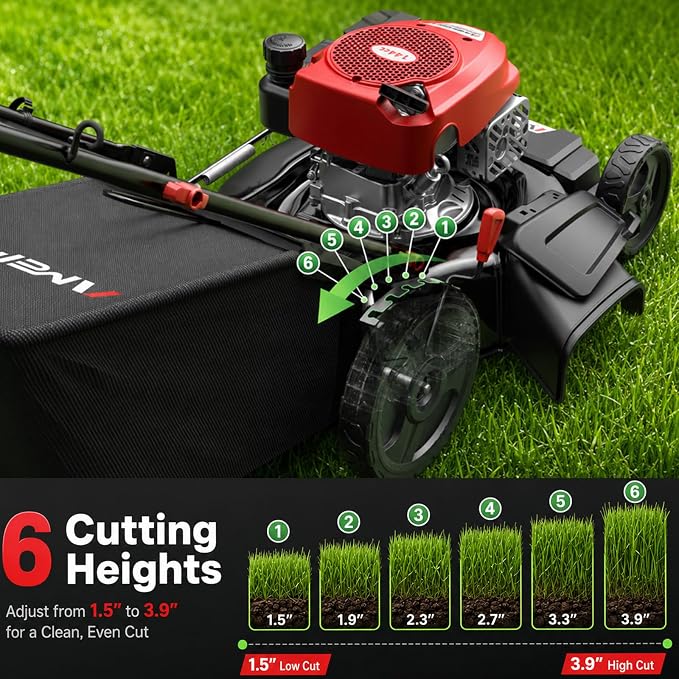 AMERISUN 21" Gas Lawn Mower,144cc 4-Stroke Engine,3-in-1 Push Mower | Heavy Steel Deck, 6 Adjustable Cutting Heights, 3-in-1 Mulch, Bag & Side Discharge System for Yard & Garden Lawn Care