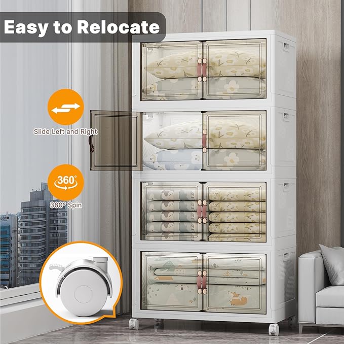 UAMFURI Stackable Storage Bins, 1440QT Collapsible Drawers with 2 Lids | Large Capacity, Magnetic Door, Stack Lock, Rolling Wheels, Foldable Design, Organizers and Storage for Bedroom Dorm Garage
