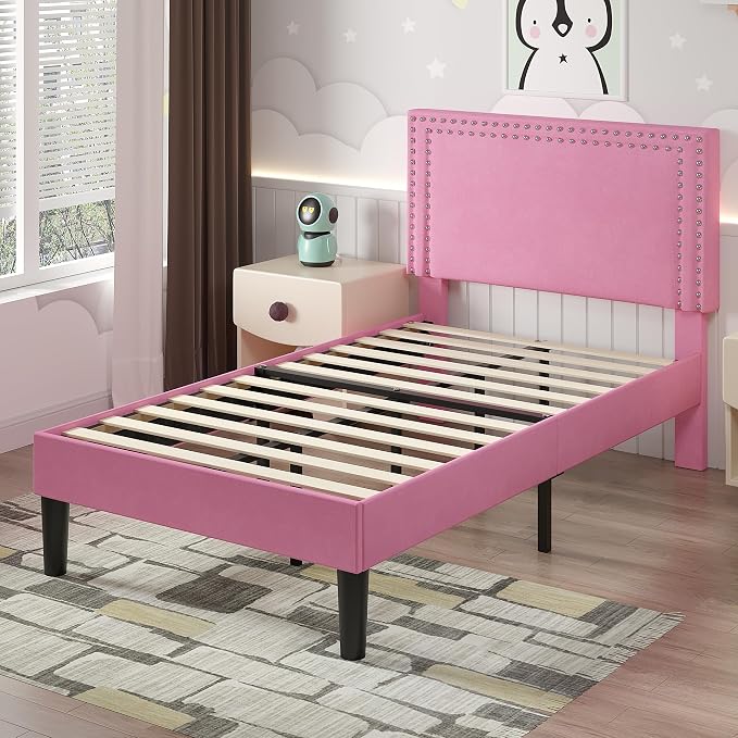 VECELO Twin Size Platform Bed Frame with Height Adjustable Upholstered Headboard, Modern Mattress Foundation,Strong Wood Slat Support, No Box Spring Needed, Easy Assembly,Pink