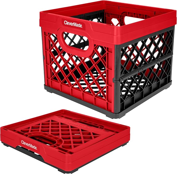CleverMade Collapsible Milk Crate, 25L, 50 lb, Red | Built-in rails hold letter-size hanging files. Interlocking crates stack open or folded and carry up to 50 lb each.