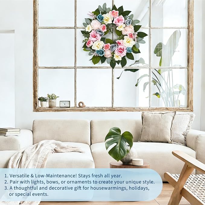 Garvee 20 Inch Spring Wreaths for Front Door, Artificial Pink Rose Wreath | with Colorful Florals and Eucalyptus Foliage, for Home Wall Window Wedding Party Indoor Outdoor Decor