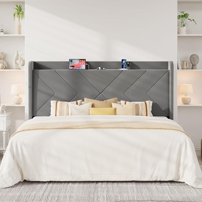 Allewie King Size Platform Bed Frame with USB Charging Station and Storage Shelf/Upholstered Velvet Wingback Headboard/Wooden Slats Support/No Box Spring Needed/Easy Assembly, Grey