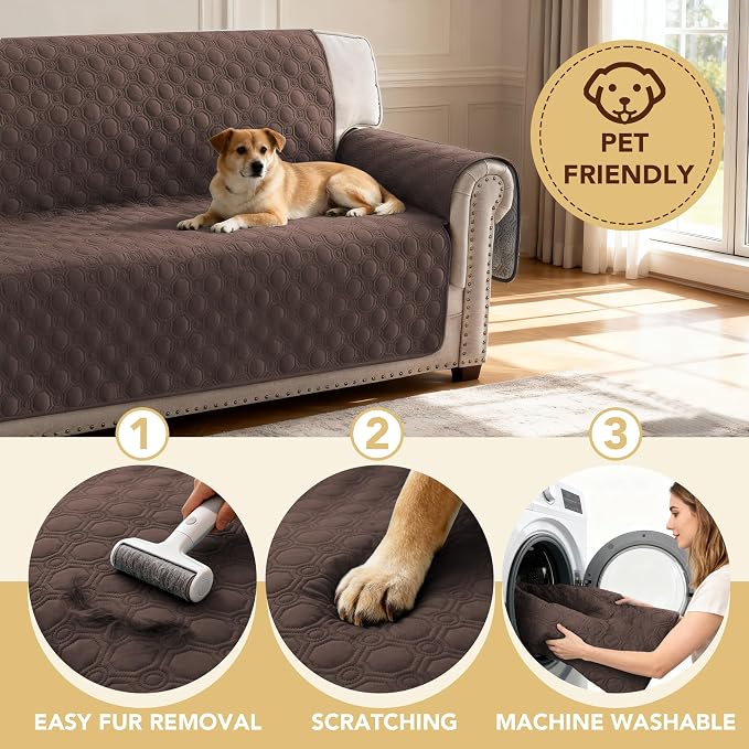 H.VERSAILTEX 100% Waterproof Couch Cover for Dogs Washable Thick Soft Chair Covers with Storage Pocket Non Slip Furniture Protector with Elastic Straps(Chair, Brown)