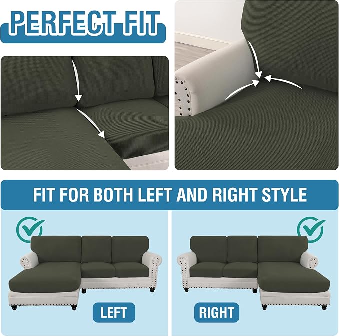 H.VERSAILTEX Sectional Couch Covers 3 Pieces Sofa Seat Cushion Covers L Shape Separate Cushion Couch Chaise Cover for Both Left/Right Sectional Couch (Seat Only: 1 Chaise + 2 Sofa, Olive)
