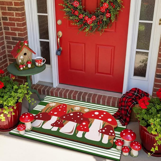 Tinideya 2 Pcs Mushroom Door Mat Welcome Non Slip Coir Mats Floor Layering Green and White Stripe Doormats Seasonal for Front Porch Entryway Decor(23.6 x 35.4 Inches, Mushroom, Green Red)