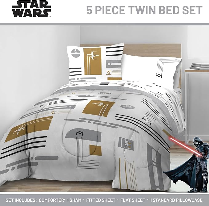 Jay Franco Star Wars Twin Comforter Set 5 Piece Soft Modern Bedding, White | Bed in a Bag, Comforter Sheets Sham Pillowcase, Official Product, Soft Microfiber, Machine Washable, Easy Care, Fan Gift