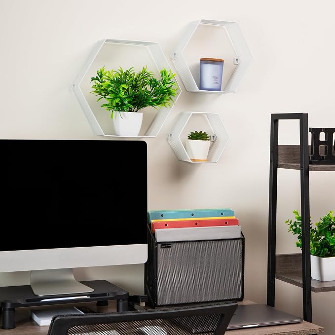 Mind Reader Hexagon Floating Shelves, Wall Decor, Honeycomb Accent Shelf, Office, Metal Mesh, 14" L x 4" W x 12" H, Set of 3, White