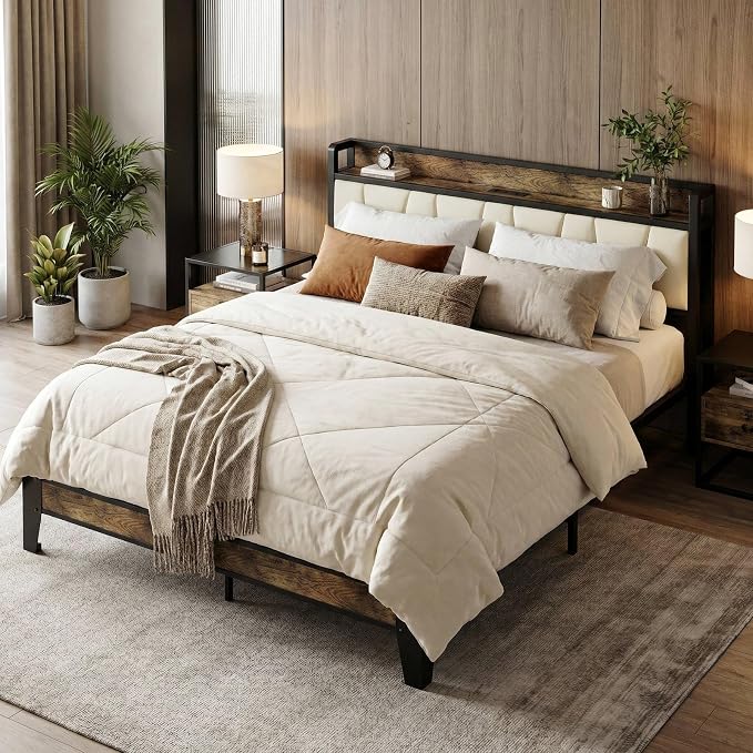 LIKIMIO Queen Bed Frame, Storage Headboard with Charging Station, Solid and Stable, Noise Free, No Box Spring Needed, Easy Assembly (Walnut and Beige)