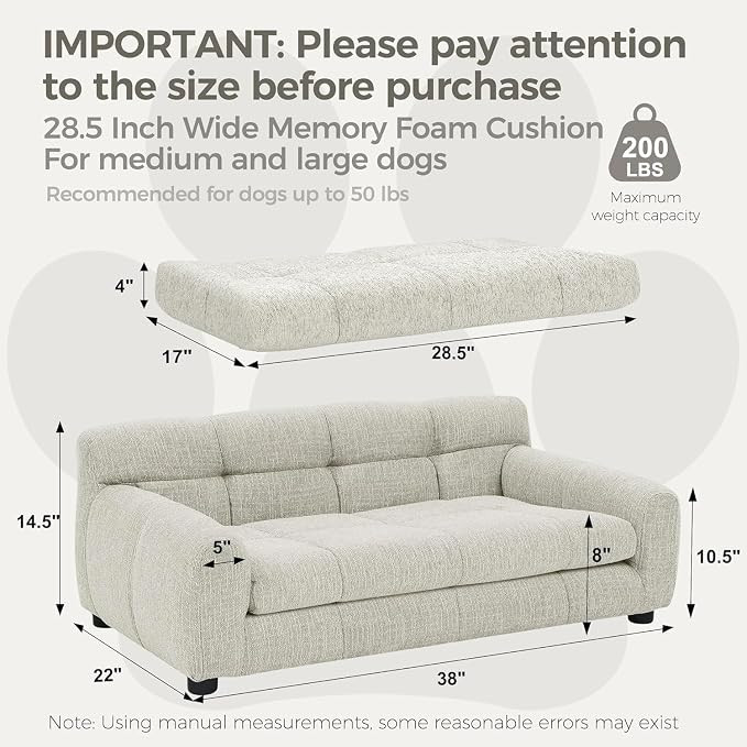 Dog Couch Bed, 38" Sofa for Dogs with Backrest and Armrest, Durable Pet Sofa with Soft Foam Cushion, Elevated Dog Couch Bed with Legs for Medium Dogs, Beige