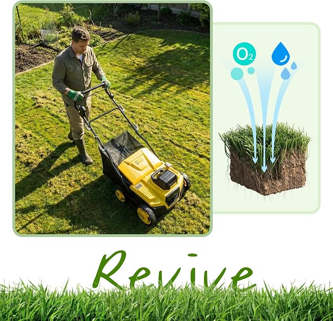 Cordless Lawn Dethatcher and Scarifier Compatible with Dewalt 20V Battery | Tool Only, 15" Electric Brushless Dethatcher, 40V Dual Battery Powered, Air Boost Technology, 12-Gal Collection Bag, 5 Depths