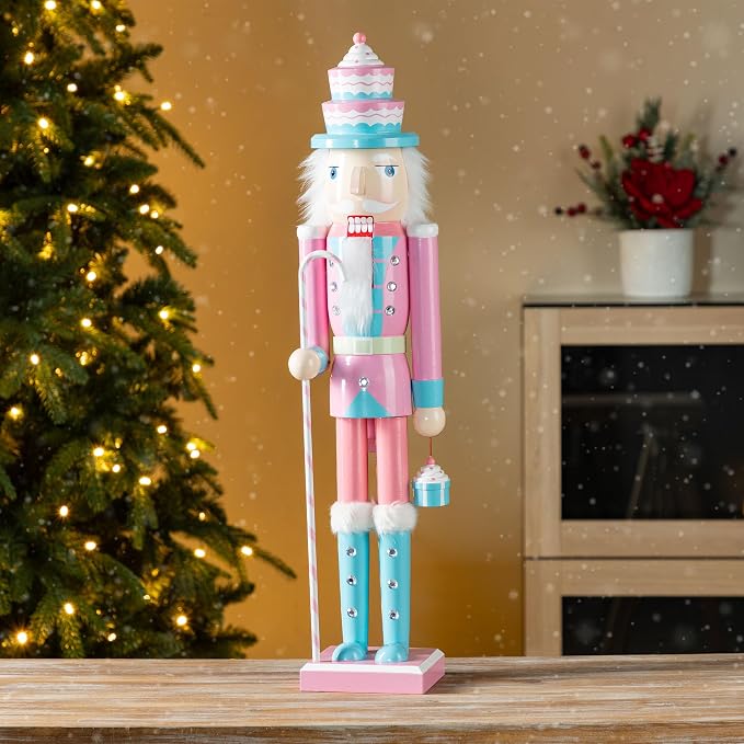 Glitzhome Nutcracker Christmas Decorations 24 Inch Wooden Nutcracker Soldier with Candy Cane & Cupcake for Xmas Holiday Decor Porch Gateway