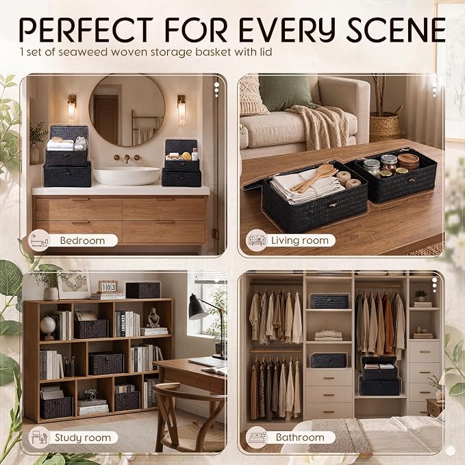 Woanger Set of 4 Wicker Baskets with Lids, Nautral Seagrass Storage Baskets, Woven Rectangular Basket Bins, Rattan Storage Organizer for Shelf Closet Bedroom(Black)