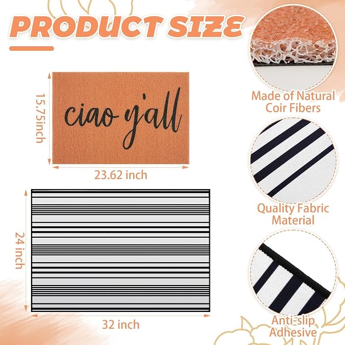 Ciao Y'all Doormat, 2pcs Layered Front Door Mats with Coir Texture Welcome Doormat and Black White Striped Under Non Slip Mat, Farmhouse Porch Decor for Home Entry, Entryway Home Outdoor Decor