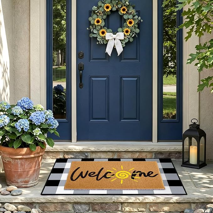 2 Pcs Summer Welcome Door Mat Set, Welcome Sun Decorative Front Door Mat and Buffalo Plaid Rug, Washable Entryway Rug for Outdoor Indoor Home Farmhouse Porch Decor, 16x24 and 24x32 Inch