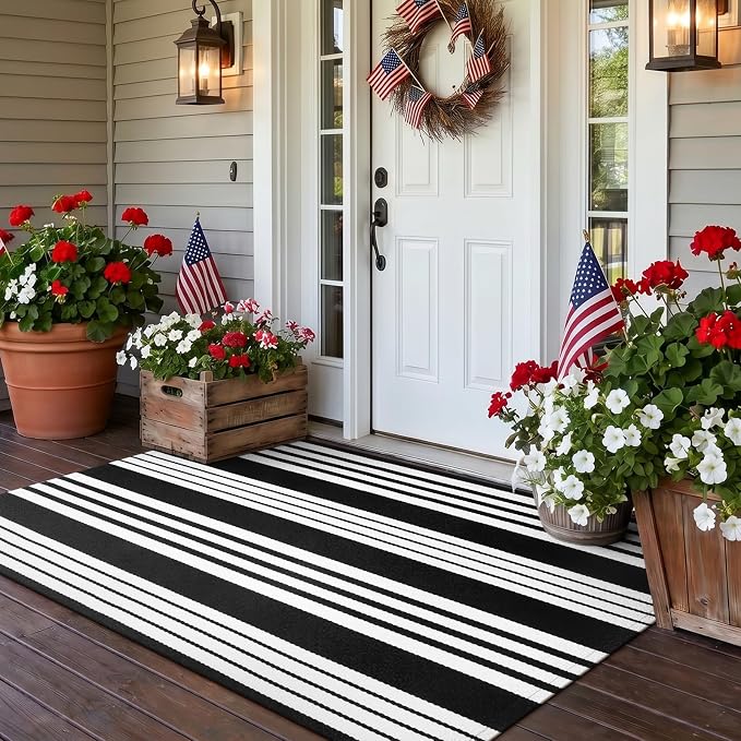 OJIA Black and White Outdoor Rug 3x5, Front Door Mat Patio Rugs Porch Decor | Cotton Woven Striped Rug Machine Washable Entryway Rug Indoor Outside Area Rug Front Door Mat for Farmhouse/Home Entrance