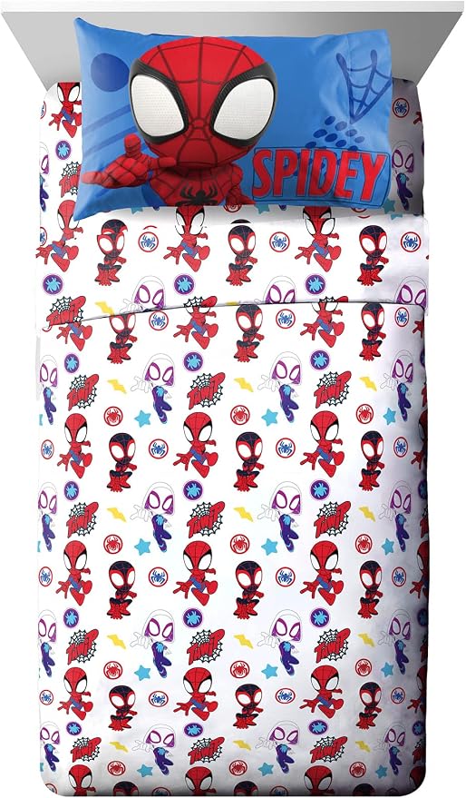Jay Franco Kids Sheet Set with Fitted, Flat Sheets & Pillow Cover - Ultra-Soft Bedding with Pillowcase for Room Decor, White - Spidey & Friends, 4 Piece Full