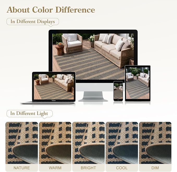 LIVEBOX Striped Easy Jute 5x7 Outdoor Rug, Black Washable Rugs for Patio Living Room, Indoor Outdoor Non Slip Area Rug for Bedroom, Farmhouse Neutral Carpet Floor Mat for Dining Room Backyard Deck