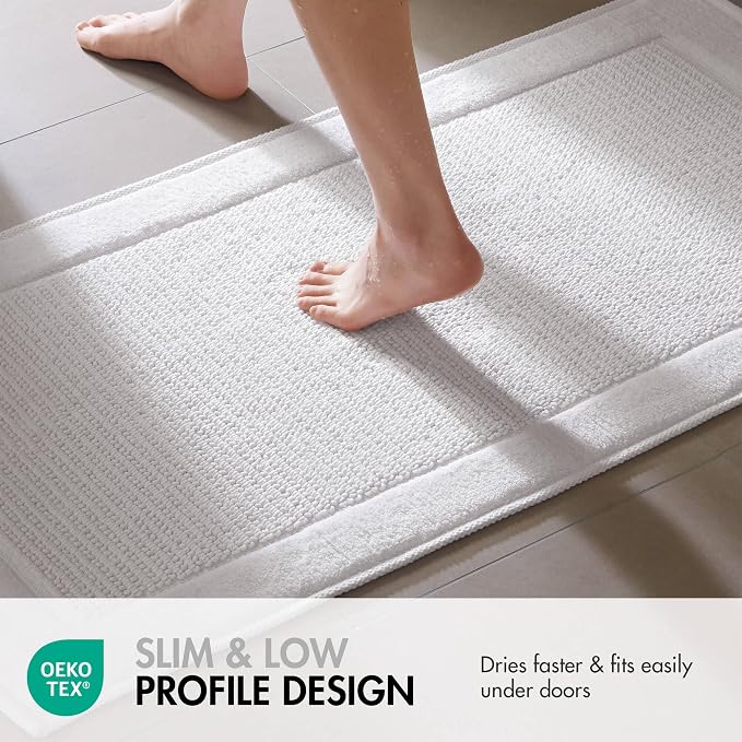 Madison Park Sanctuary 100% Cotton Non-Slip Bath Rug, 20x32 Inch, White | Low-Profile Woven Design, Ultra Soft Absorbent & Machine Washable, Ideal for Bathroom Bedroom and Entryway Decor
