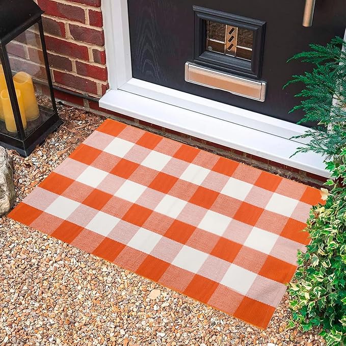 Buffalo Plaid Outdoor Rug 27.5" x 43" Orange and White Checkered Area Rug Halloween Washable Doormats Fall Indoor Outdoor Rugs for Layered Front Door Mats, Porch, Entryway, Kitchen, Farmhouse