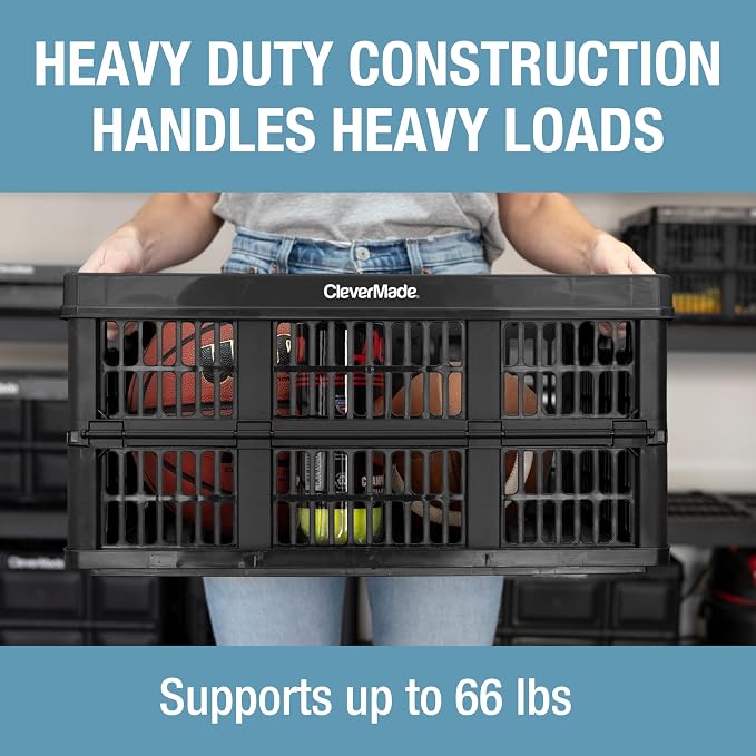 CleverMade Collapsible Utility Crate, 45L, 66 lb, Obsidian | Interlocking crates stack open or folded and carry 66 lb each. Side handles make groceries, tools, and gear easier to move.