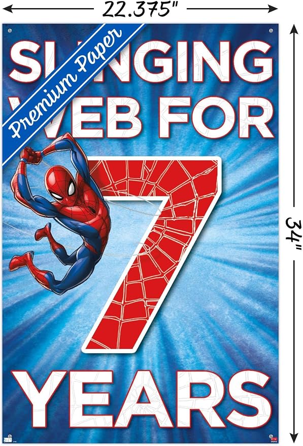 Trends International Marvel Spider-Man - Happy 7th Birthday Wall Poster, 22.37" x 34.00", Premium Poster & Push Pin Bundle