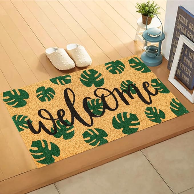 JarThenaAMCS Tropical Coir Doormat Summer Hawaiian Welcome Floor Mat Green Natural Palm Leaf Non-Slip Entrance Door Rugs for Indoor Outdoor Home Bathroom Decor, 16.5 x 29 Inch
