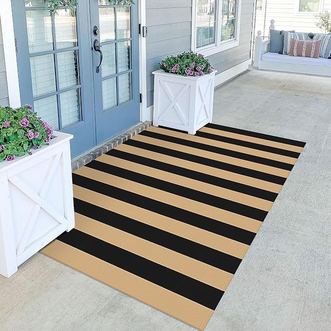 KILOCOCO Striped Rug 4x6 ft Washable Front Door Outdoor Rug, Brown Black | Cotton Front Porch Rug, Woven Living Room Rug, Low Pile Mat for Entryway, Layered Farmhouse Kitchen Patio Carpet