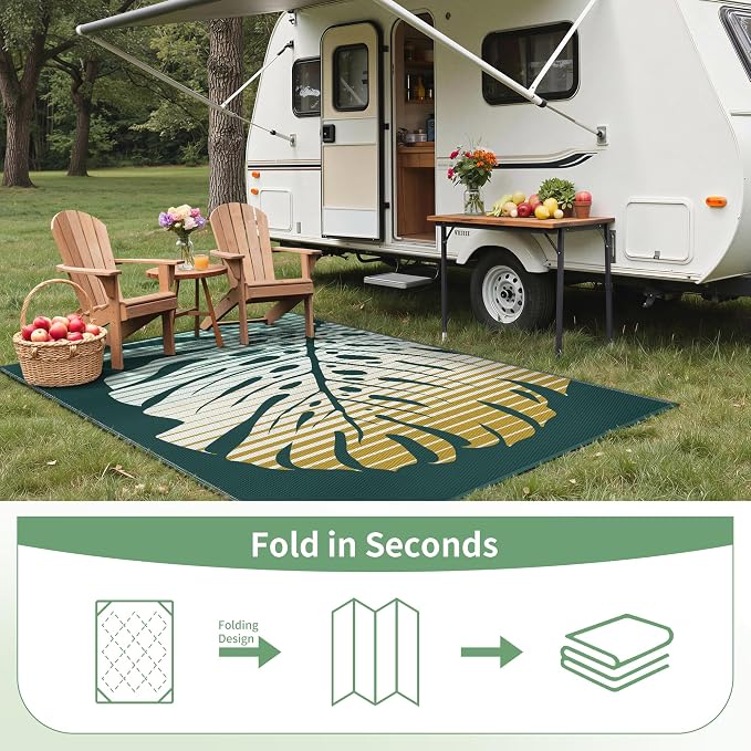 GENIMO Outdoor Rug, Waterproof Plastic Rugs for Patio, 6'x9' Yellow Green | Outside Larger Leaf Carpet Mat for Porch Decor, Deck, Balcony, Camping, RV, Backyard, Picnic, Beach, Reversible, Foldable