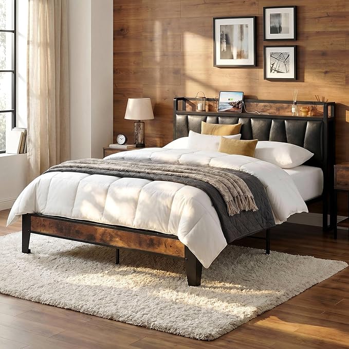 LIKIMIO Queen Bed Frame, Storage Headboard with Charging Station, Solid and Stable, Noise Free, No Box Spring Needed, Easy Assembly (Vintage and Black)