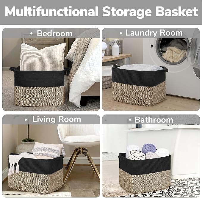 Goodpick 50L Large Wicker Blanket Basket, 18" x 14" x 12", Black Jute | Blankets, Pillows & Toys Storage, Decorative Storage Basket for Living Room & Bedroom Organization, Built-In Handles
