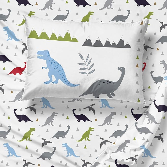 Trend Collector Dinosaur Toddler Comforter Set 4 Piece Bedding, Gray | Bed in a Bag, Comforter Sheets Pillowcase, Official Brand, Soft Microfiber, Machine Washable, Easy Care, Boys Gift