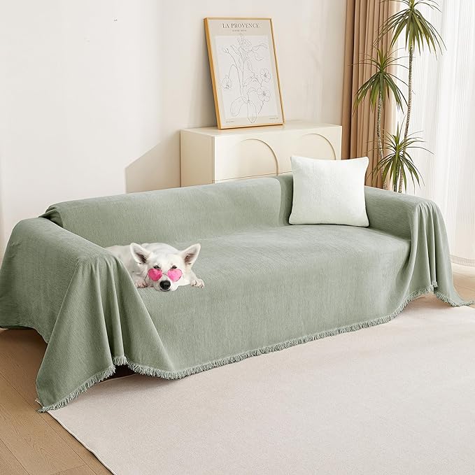 MYSKY HOME Couch Cover L Shape, Sectional Couch Covers, Couch Cover Blanket Furniture Protector for Pets, Sofa Covers Tassel Chenielle Sofa Slipcover Soft Throw Couch for Dogs,91"X150", Sage Green
