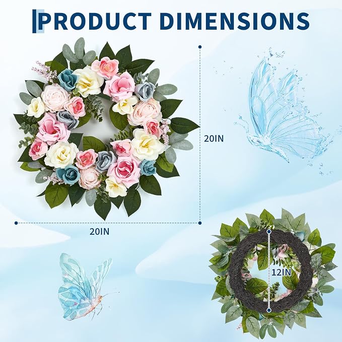 Garvee 20 Inch Spring Wreaths for Front Door, Artificial Pink Rose Wreath | with Colorful Florals and Eucalyptus Foliage, for Home Wall Window Wedding Party Indoor Outdoor Decor