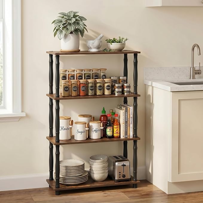 Furinno Turn-N-Tube Storage Shelves, 4-Tier Open Frame Book Shelf, Standing Corner Shelf, Toolless Open Shelves, Classic Tubes, for Organization and Storage, Living Room, Home Office, Amber Pine
