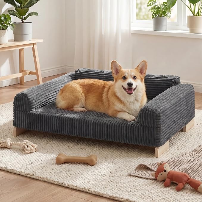 Veehoo Elevated Dog Bed Indoor, Wood Furniture Style Dog Couch Sofa with Removable Washable Cover, Cute & Durable Dogs Bed Furniture for Small Dogs & Puppies Up to 40 lbs