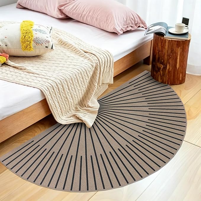 Easy Jute Rug 2.6x5Ft Half Circle Sunshine Doormat Neutral Faux Jute Indoor Outdoor Carpet for Farmhouse Bedroom Entrance Balcony Kitchen Laundry Room, Nonslip, Half Round, Black 7