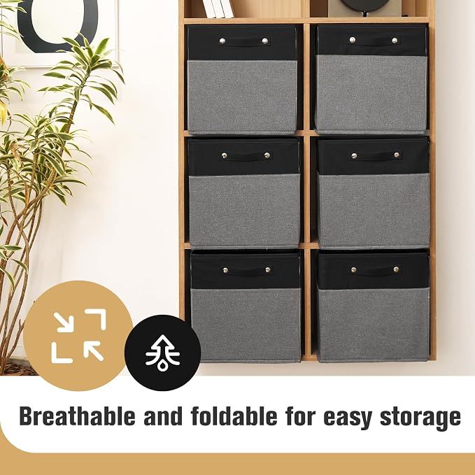 FinishingBo 13x13x13 Storage Cube Bins 6 Pack, Cube Shelf Baskets | Foldable Storage Cubes, Linen Storage Bins with Handles, Closet Organizers, Black/Gray