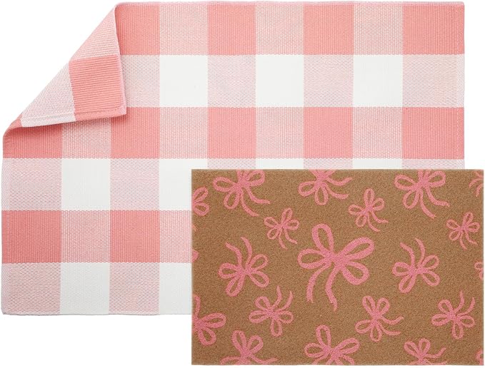 2 Pcs Outdoor Door Mat Combo Set Layered Outdoor Rug and Coir Welcome Doormat Non Slip Outside Floor Mat for Front Porch Entryway Patio Yard Decor(Pink Bow,24'' X 35'',24'' X 16'')