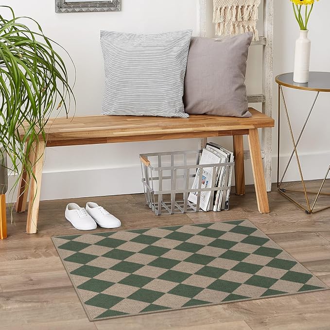 Rugalia Easy Jute Checkered Entryway Rug, 2x3 Green Modern Indoor Outdoor Doormat, Washable Non-Slip Neutral Small Kitchen Rug Farmhouse Diamond Throw Rugs for Entrance Bedroom Bathroom