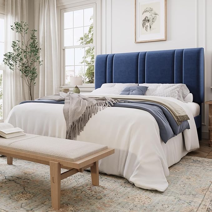 SHA CERLIN Full Size Velvet Bed Frame with Adjustable Headboard, Blue | Vertical Channel Tufted Design, Upholstered Platform Bed, Wood Slats Support/No Box Spring Needed/Easy Assembly