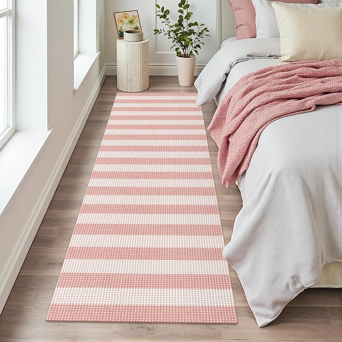 Rugalia Pink Woven Indoor Outdoor Runner Rug 2x6, Washable Striped Cotton Rug Runners for Hallway Non-Slip Long Kitchen Mat, Modern Neutral Throw Runner Carpet for Entryway Porch Patio