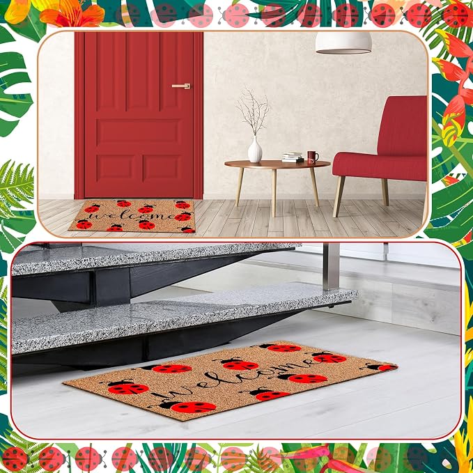 Ceenna Summer Ladybug Welcome Doormat Outdoor Ladybug Coir Rug with Non Slip Backing Summer Doormat Front Porch Rugs for Home Entrance Anniversary, 16 x 28 Inches