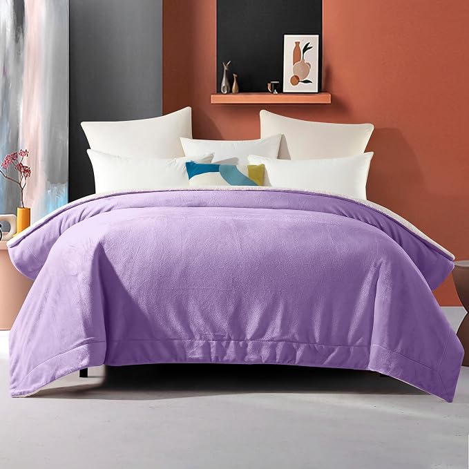 Elegant Comfort Ultra Soft Reversible Flannel Sherpa Blanket - Cozy Silky Fleece Throw for Couch, Bed - Plush Fuzzy Warm Winter Blanket for Gift, King, Lilac