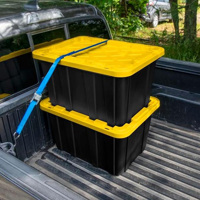 Sterilite Industrial Storage Tote with Lids for Garage, 27 Gallon, 16-Pack | Heavy-Duty and Stackable Utility Box Containers for Home, Office, and Basement Organization, Black/Yellow