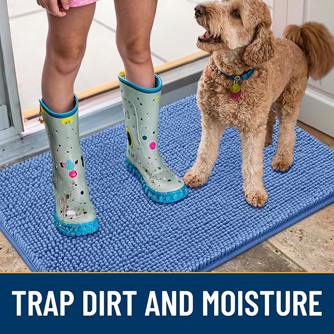 Smiry Dog Door Mat for Muddy Paws 48x30, Absorbent Dirt Trapper, Non-Slip Washable Chenille Entryway Rug for Inside Floor, Cornflower Blue, Classic Solid