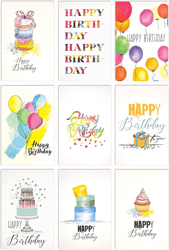 Better Office Products Happy Birthday Cards, 99-Pack, 4 x 6, Fun & Chic Hand Drawn Designs on Heavyweight Textured Cardstock, for All Ages, Blank Inside, with 99 Envelopes