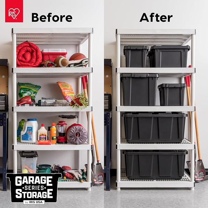 IRIS USA 4-Pack 31 Gal Heavy Duty Storage Totes with Lids, Black | High-capacity heavy-duty design with easy-grip handles, Ideal for moving, garage storage, camping equipment and organization