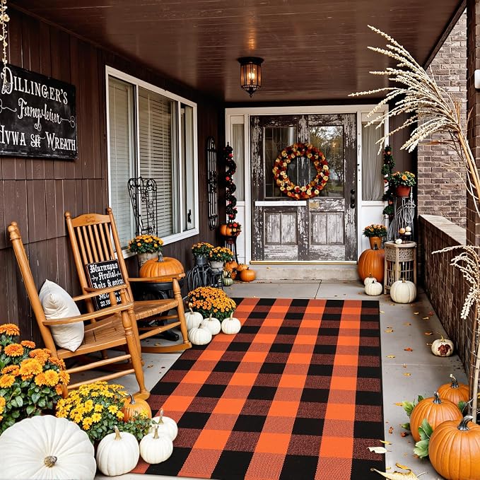Uphome Bufflo Plaid Outdoor Rug 3'x5', Fall Decor Checkered Front Door Mat, Halloween Indoor Outdoor Porch Rug for Layered Door Mats, Washable Farmhouse Black/Orange Area Rugs for Patio Entryway