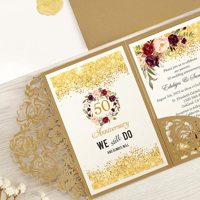 DORIS HOME 50Pcs Personalized Laser Cut Wedding Invitations, Gold | 4.7"x7.1", Customized Anniversary Invitations, With Envelopes